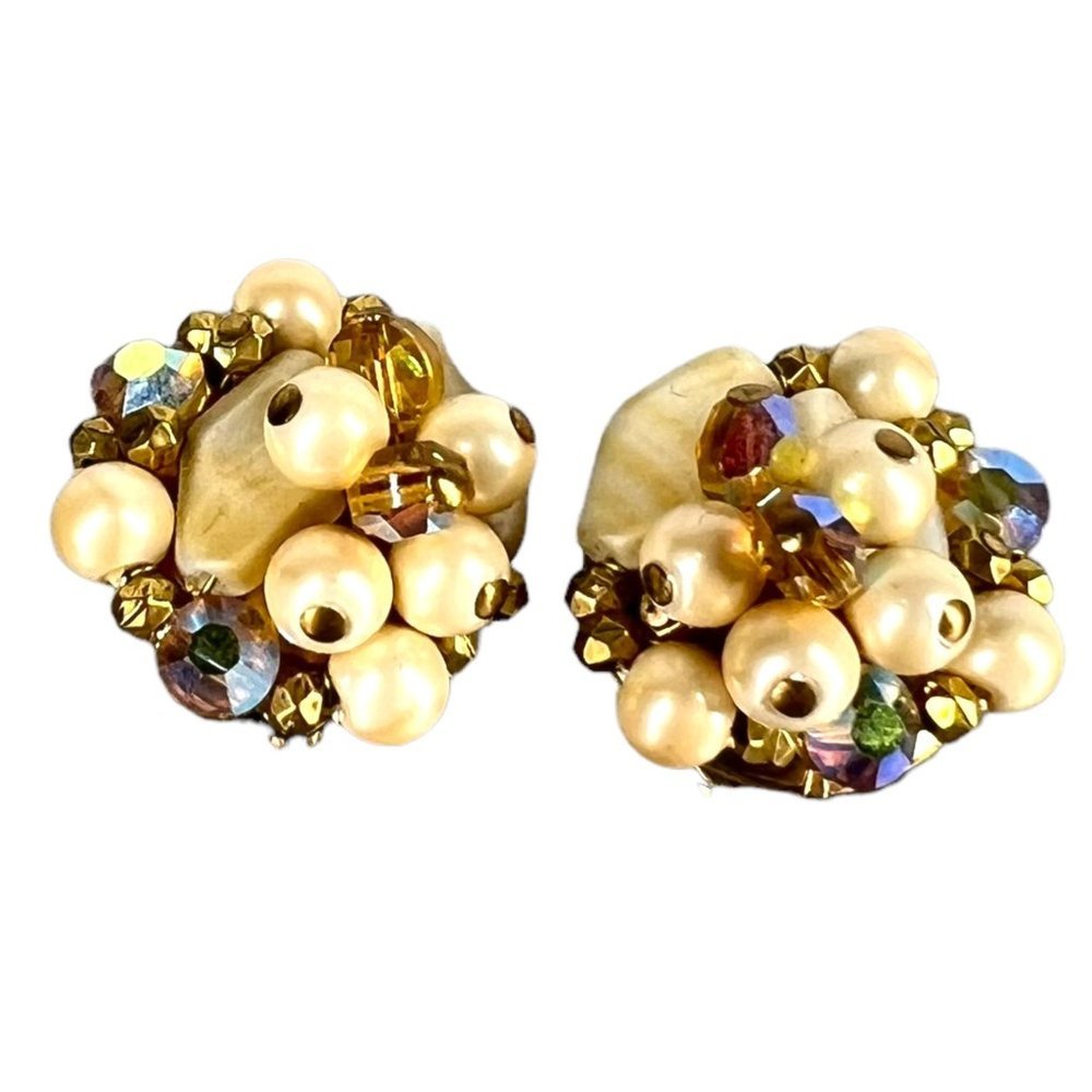 Vintage 60s Cream Grey Faux Pearl Rhinestone Cluster Clip On Earrings